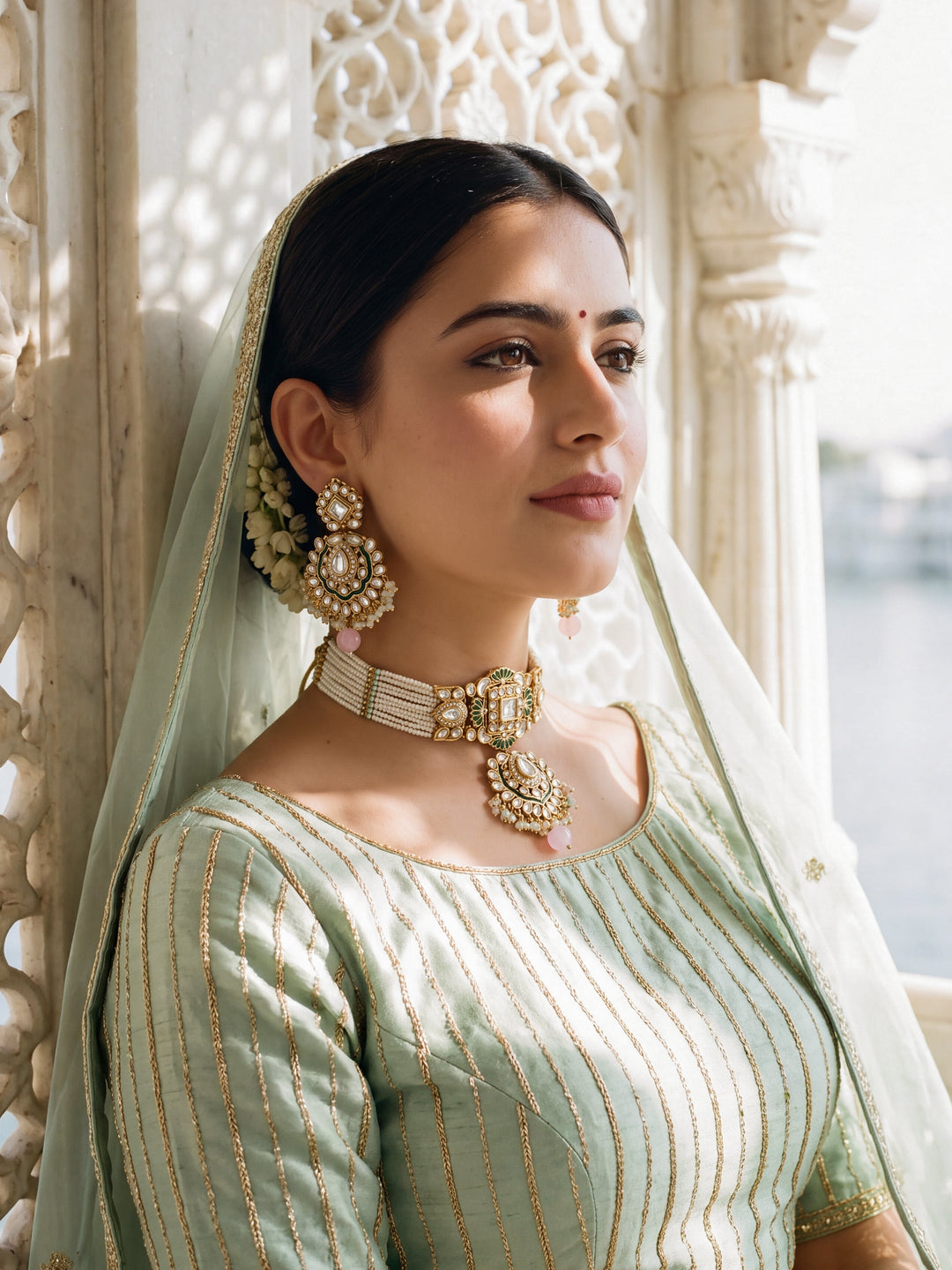  Libas Floral Kundan Pearl Choker Necklace Set 