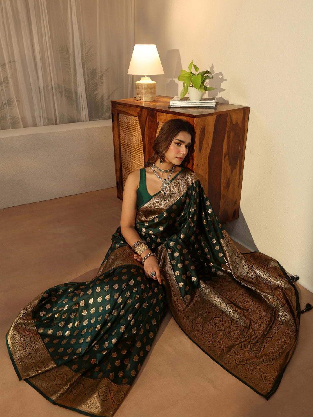  Libas Forest Green Banarasi Silk Blend Saree 