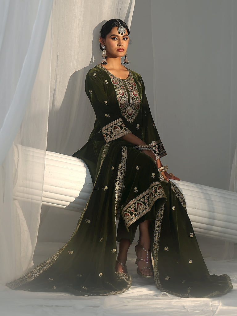 Libas Forest Green Ethnic Embroidered Velvet Straight Suit Set