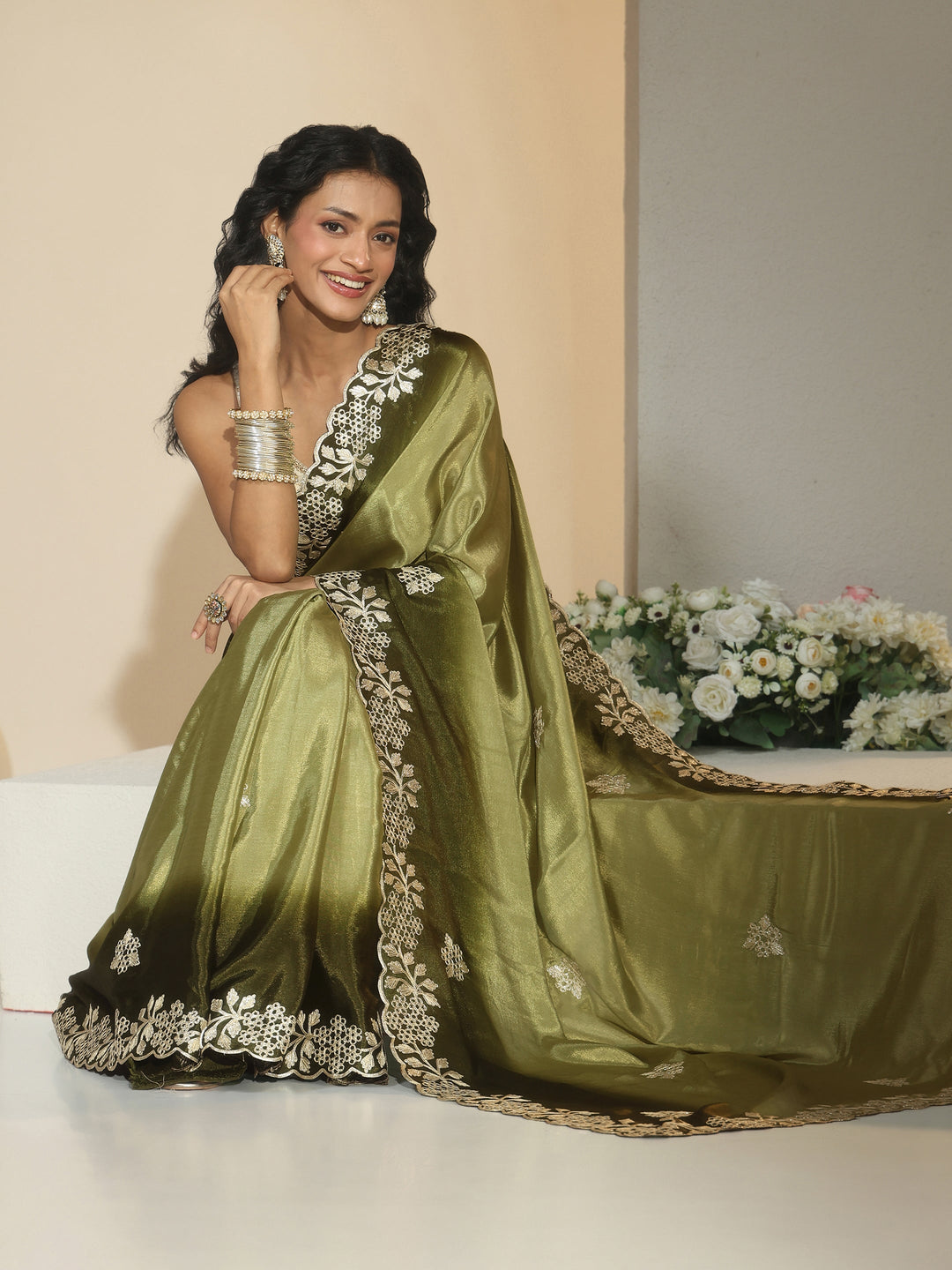  Libas Forest Green Floral Embroidered Ombre Silk Blend Saree 