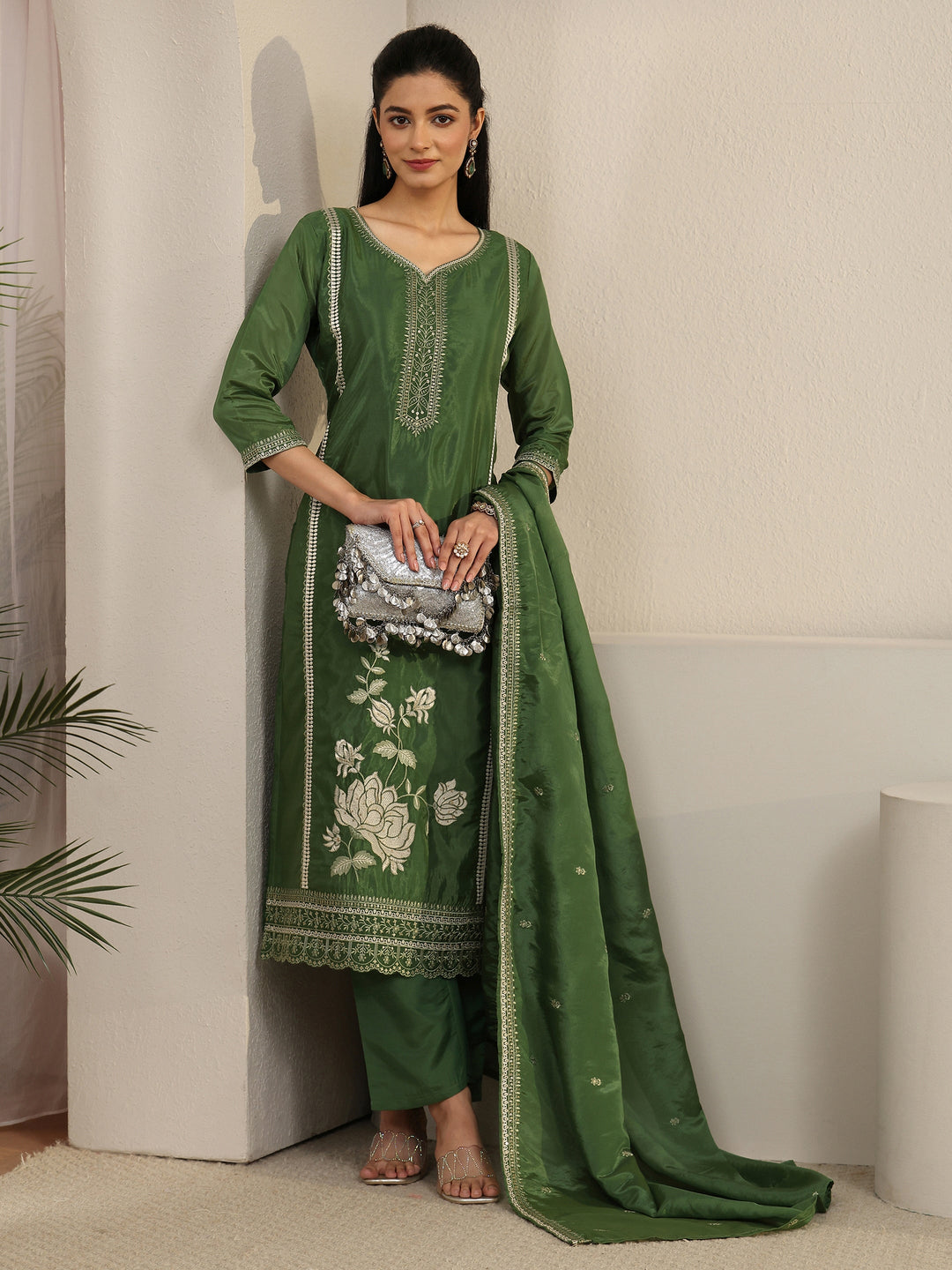 Libas Forest Green Floral Embroidered Organza Straight Suit Set