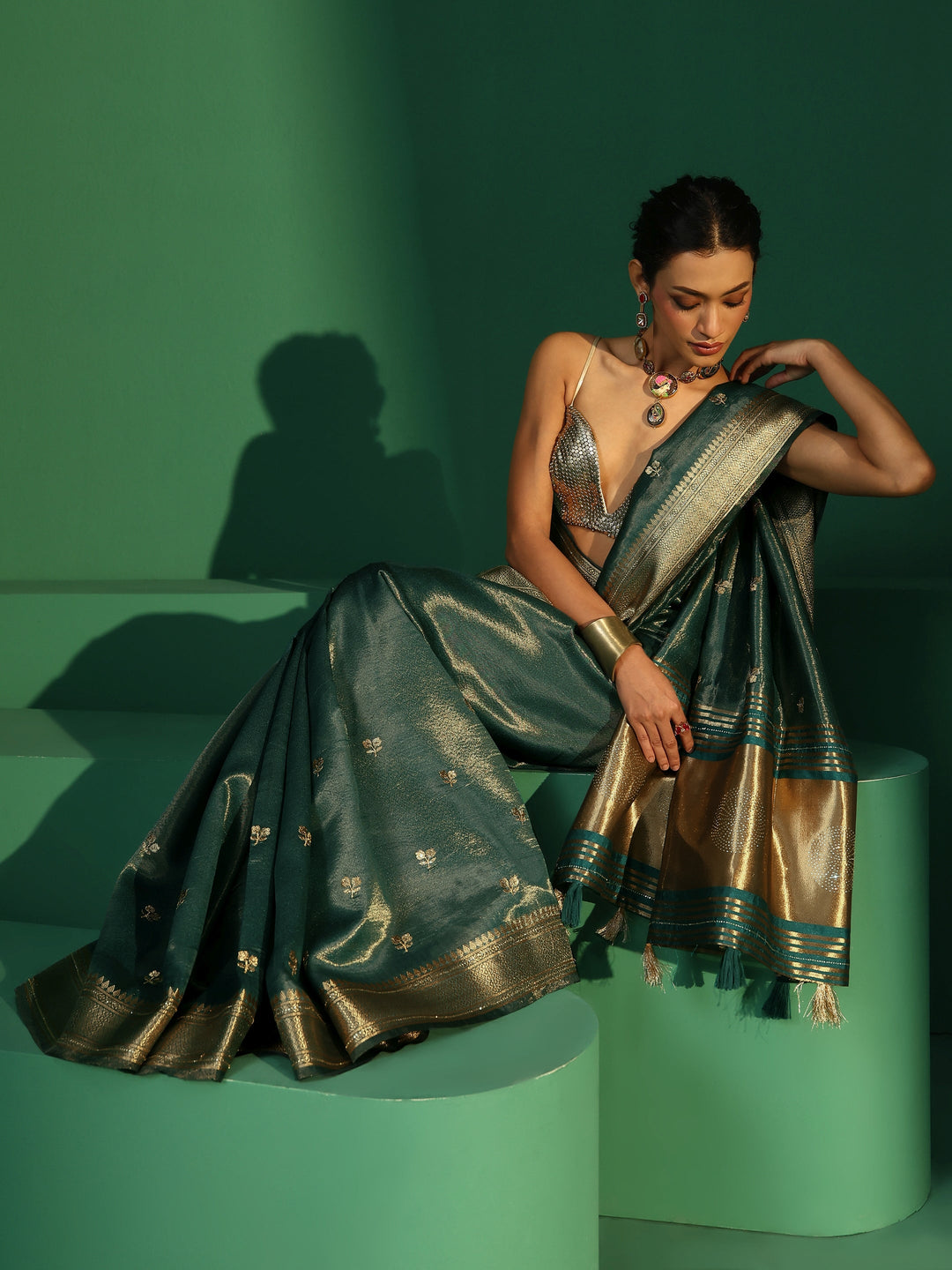  Libas Forest Green Floral Embroidered Tissue Saree 