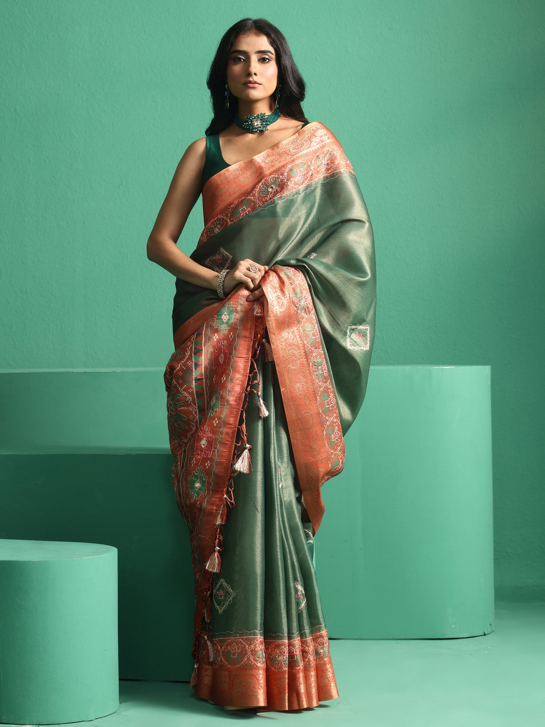  Libas Forest Green Silk Blend Saree with Patola Border 