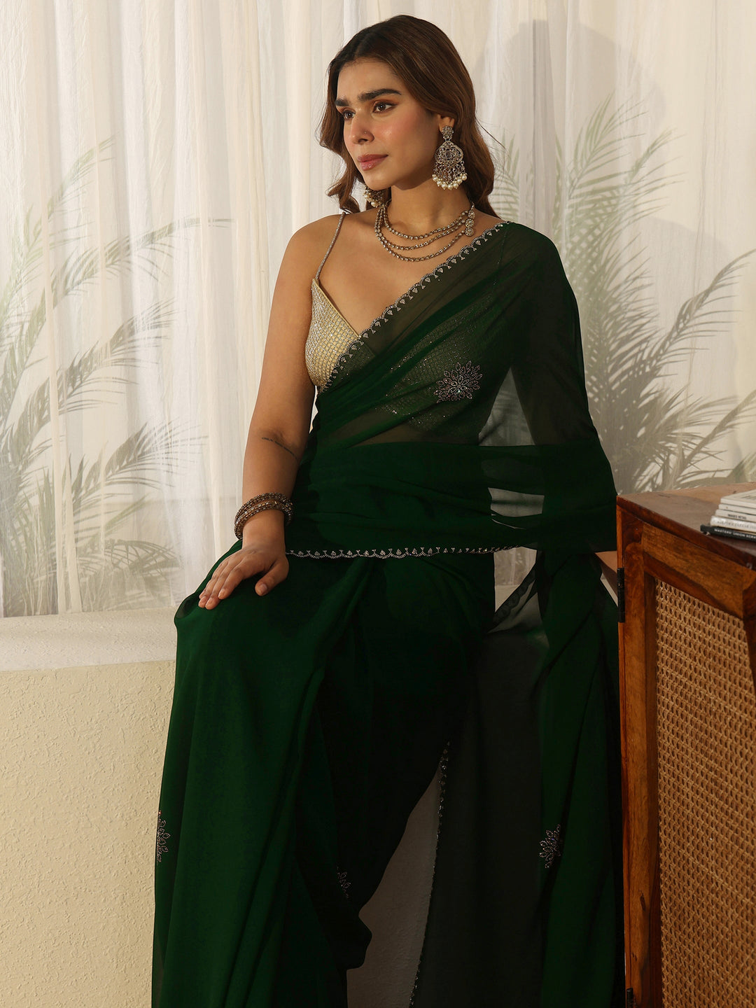  Libas Forest Green Stone Embellished Georgette Saree 
