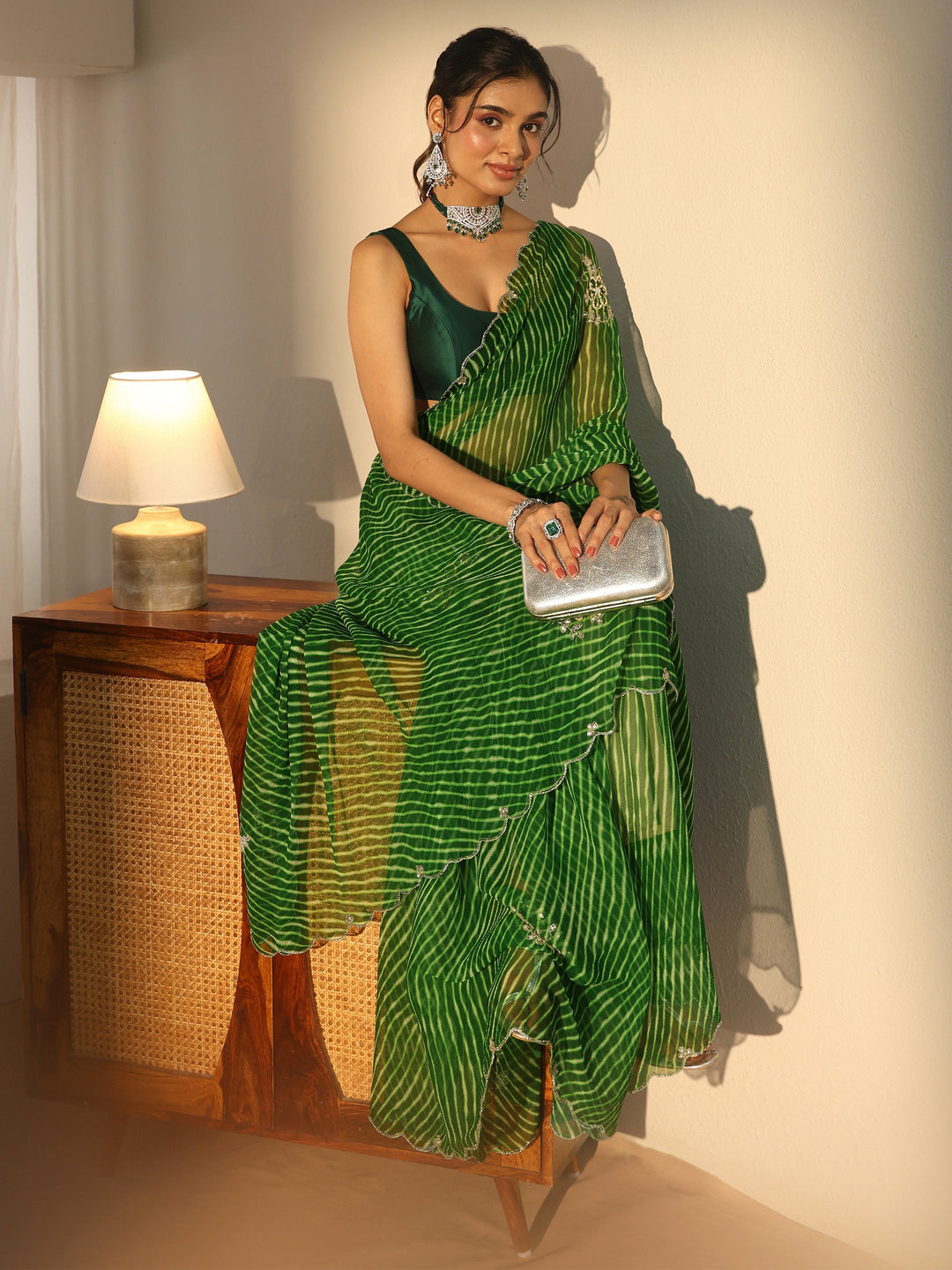  Libas Forrest Green Leheriya Printed Chiffon Saree 