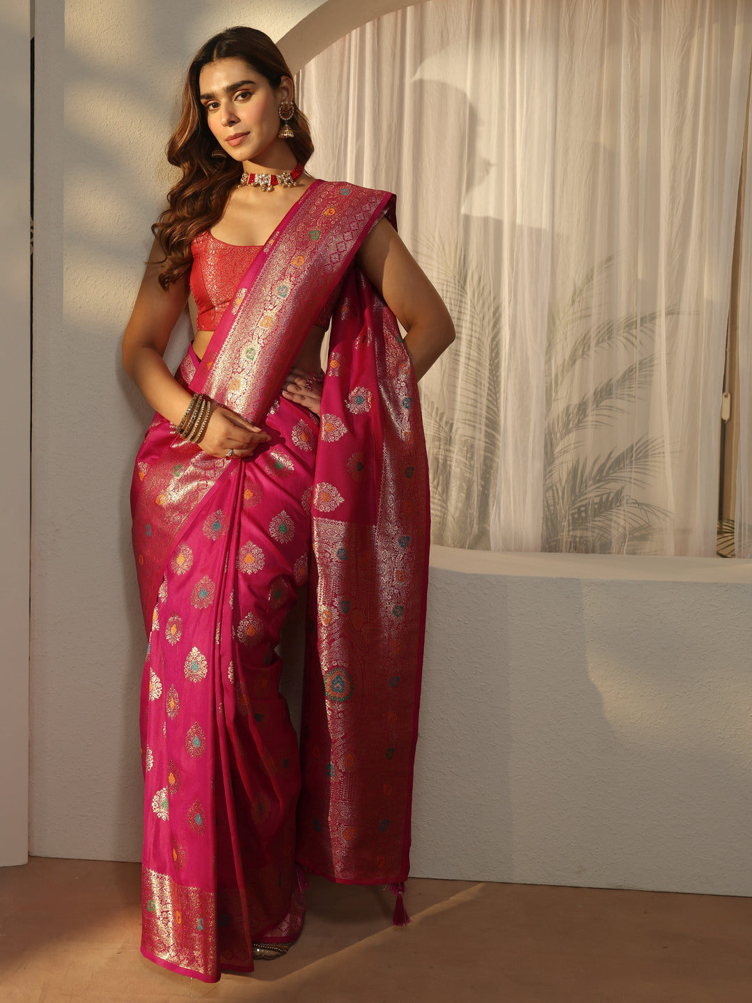  Libas Fuchsia Pink Banarasi Silk Blend Saree 
