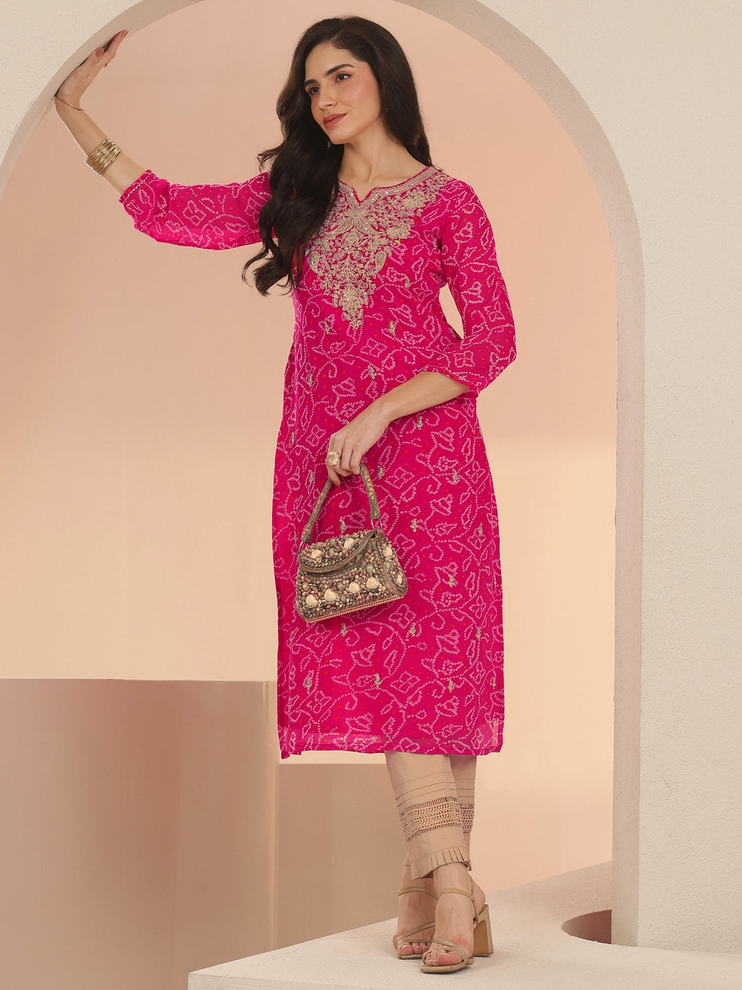  Libas Fuchsia Pink Bandhani Printed Chiffon Straight Kurta 