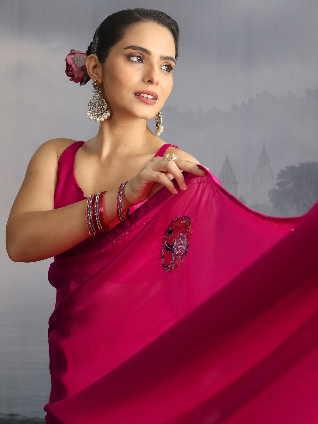 Libas Fuchsia Pink Embellished Satin Saree with Applique Work