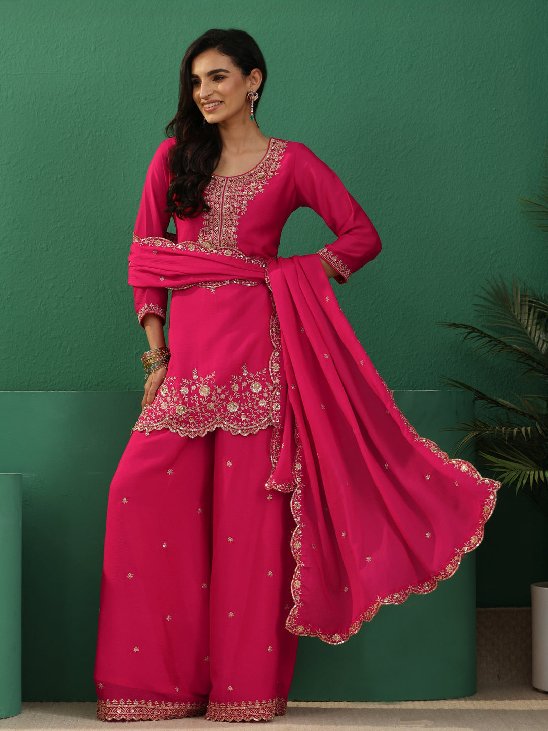  Libas Fuchsia Pink Floral Embellished Chinon Palazzo Suit Set 