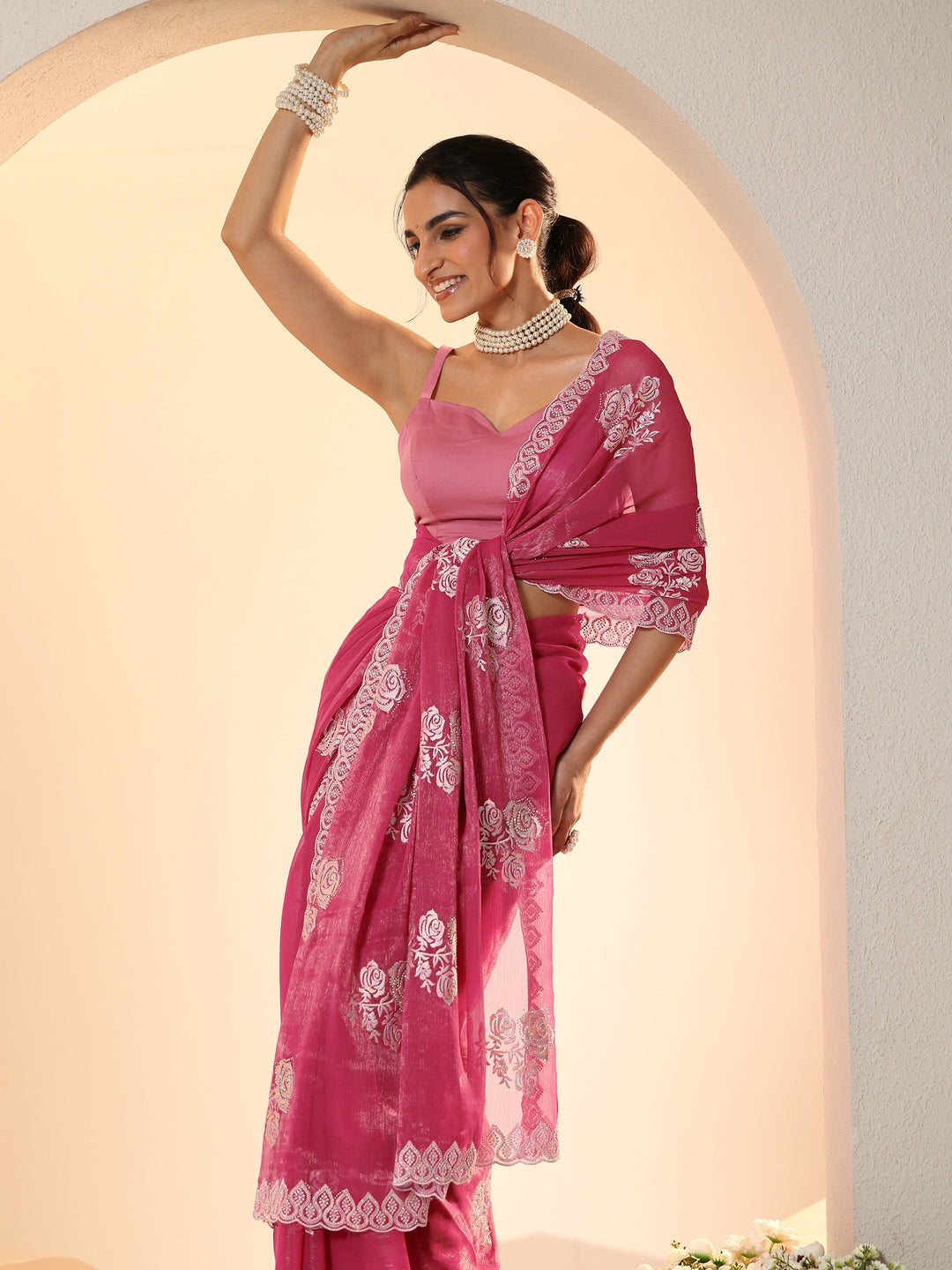  Libas Fuchsia Pink Floral Embroidered Chiffon Saree 