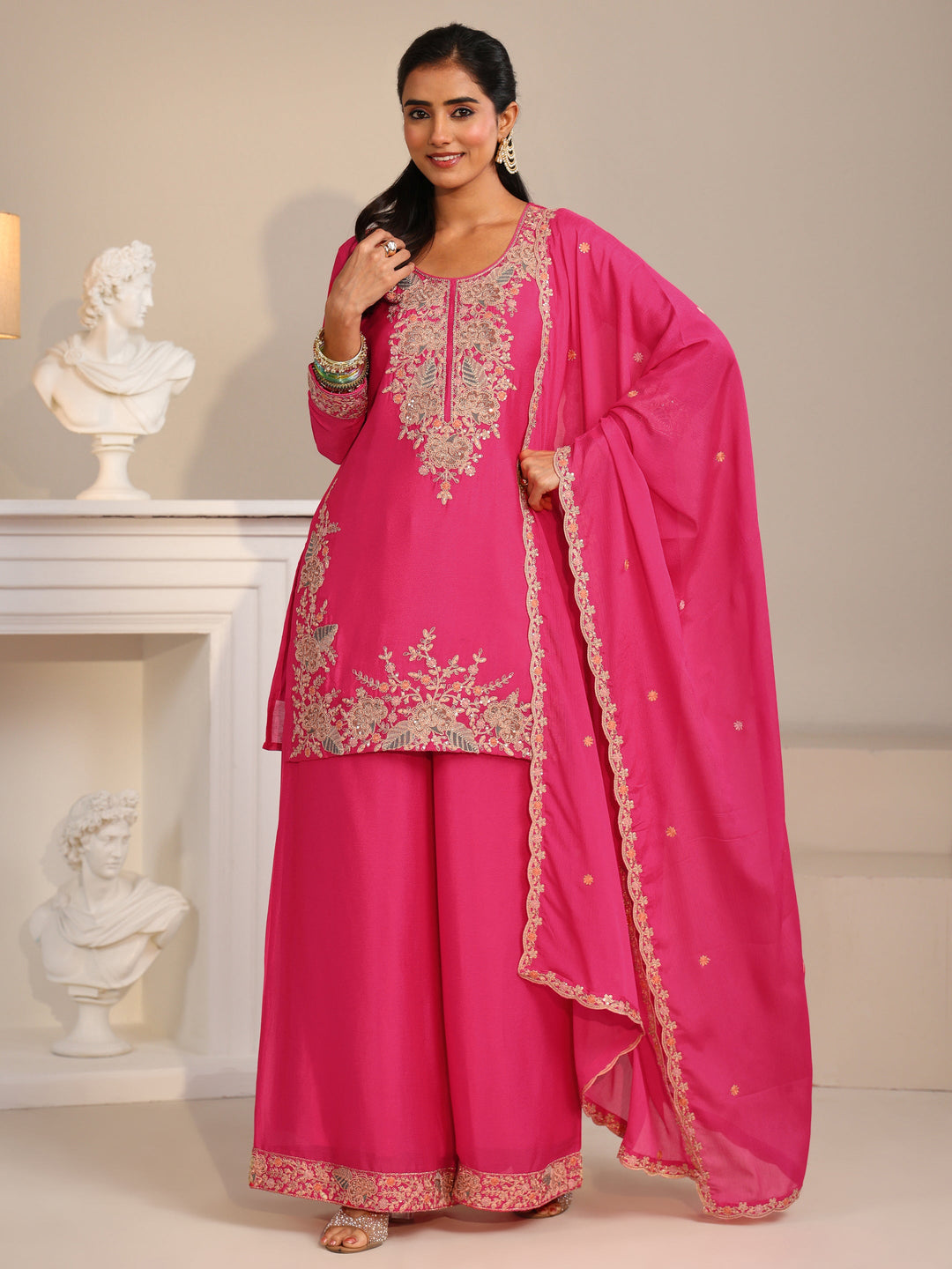  Libas Fuchsia Pink Floral Embroidered Chinon Straight Suit Set 