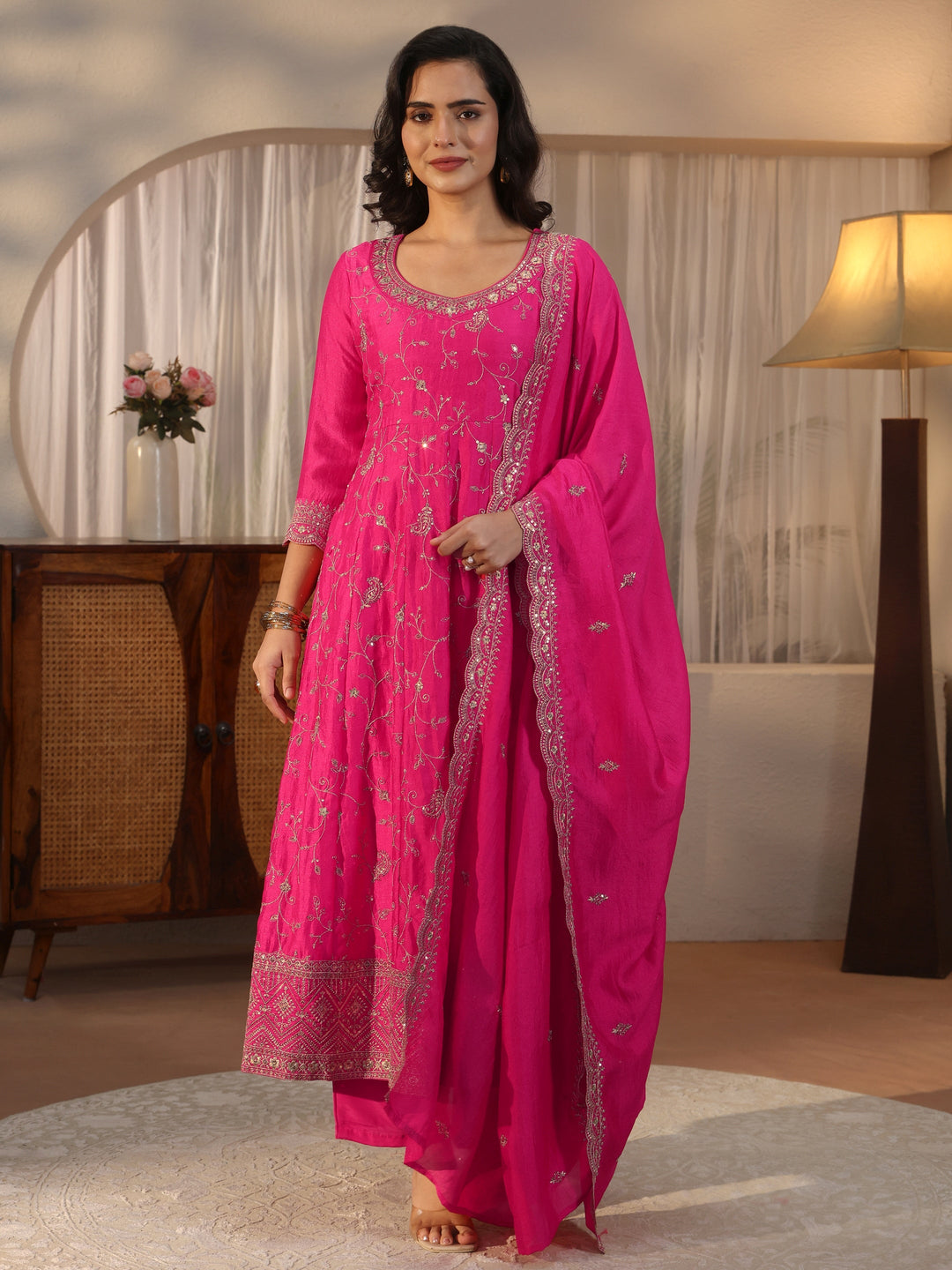Libas Fuchsia Pink Floral Embroidered Silk Blend Anarkali Suit Set
