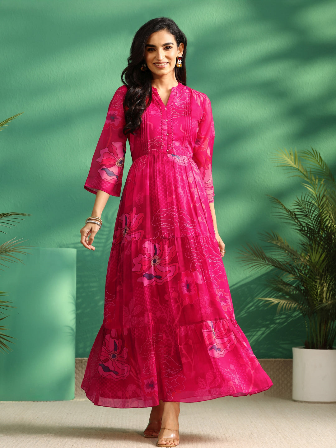  Libas Fuchsia Pink Floral Printed Chiffon Tiered Dress 