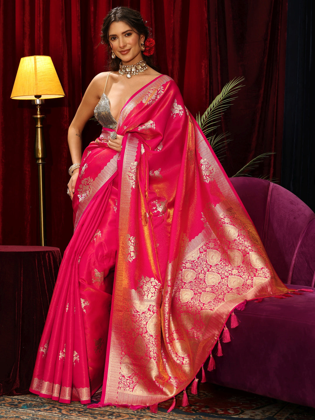 Libas Fuchsia Pink Floral Woven Design Satin Saree
