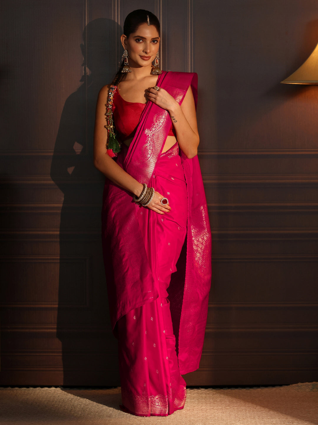 Libas Fuchsia Pink Woven Design Satin Saree