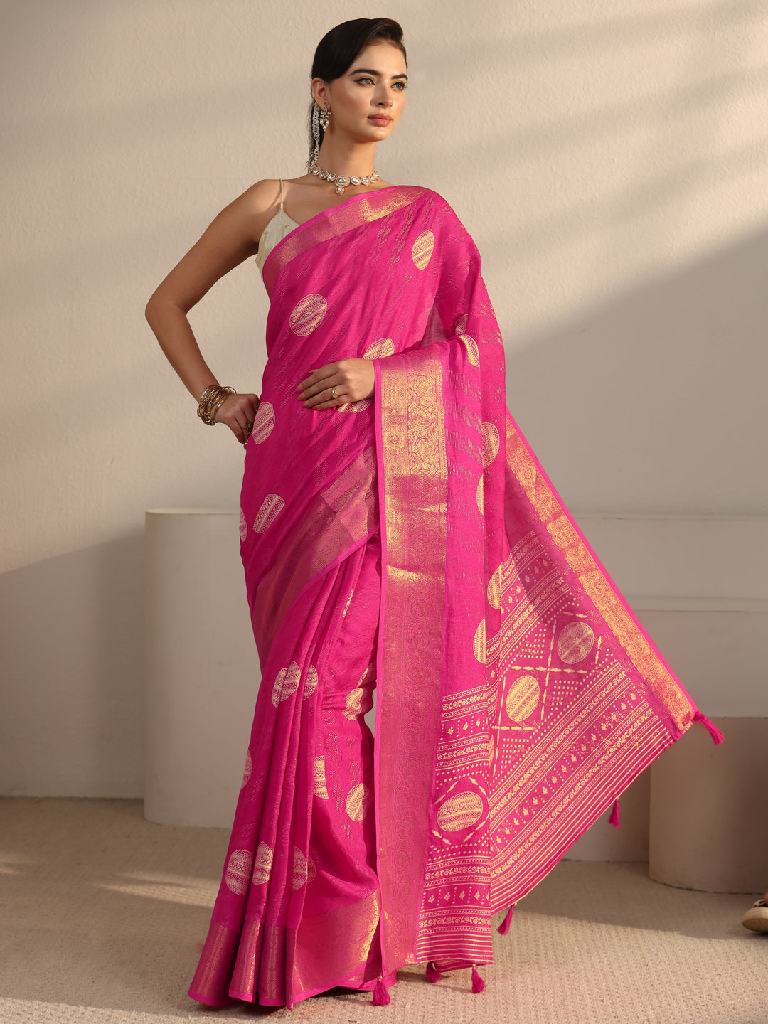 Libas Fuchsia Pink Woven Design Silk Blend Tassel Saree