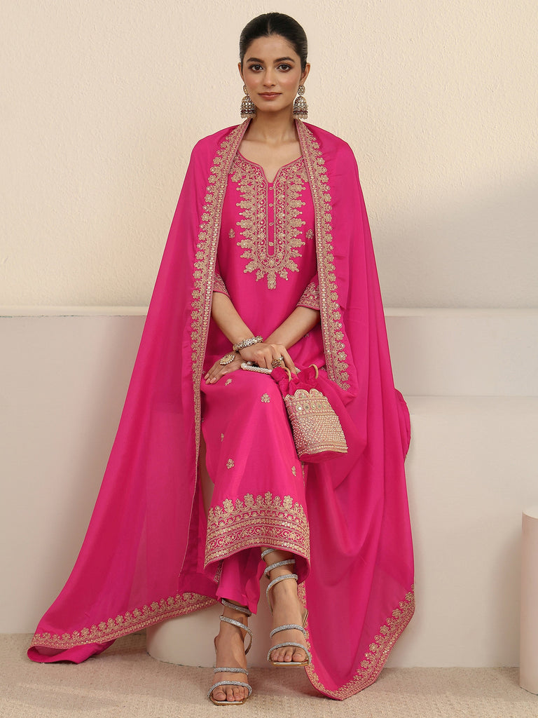 Libas Fuchsia Pink Yoke Embroidered Chinon Straight Suit Set