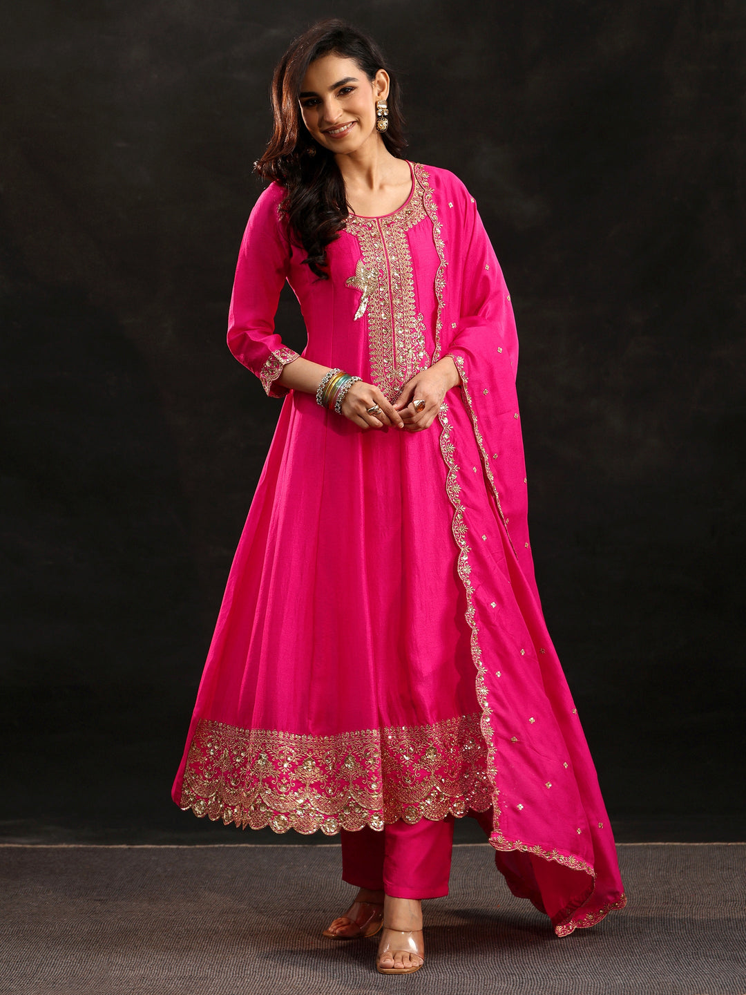 Libas Fuschia Pink Floral Embellished  Silk Blend Anarkali Suit Set 