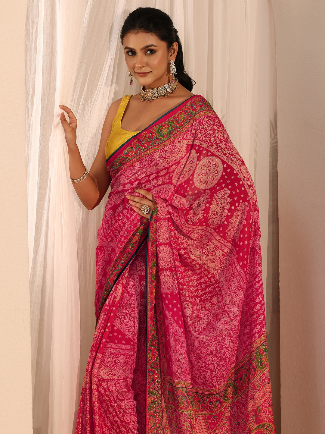 Libas Fuschia Pink Printed Georgette Saree