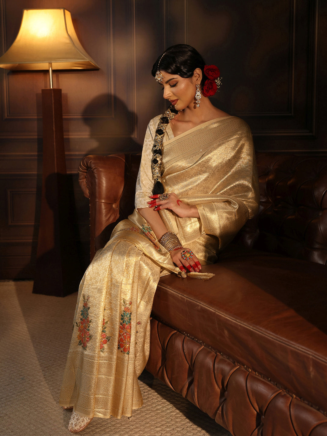 Libas Gold Banarasi Silk Saree with Floral Stone Work