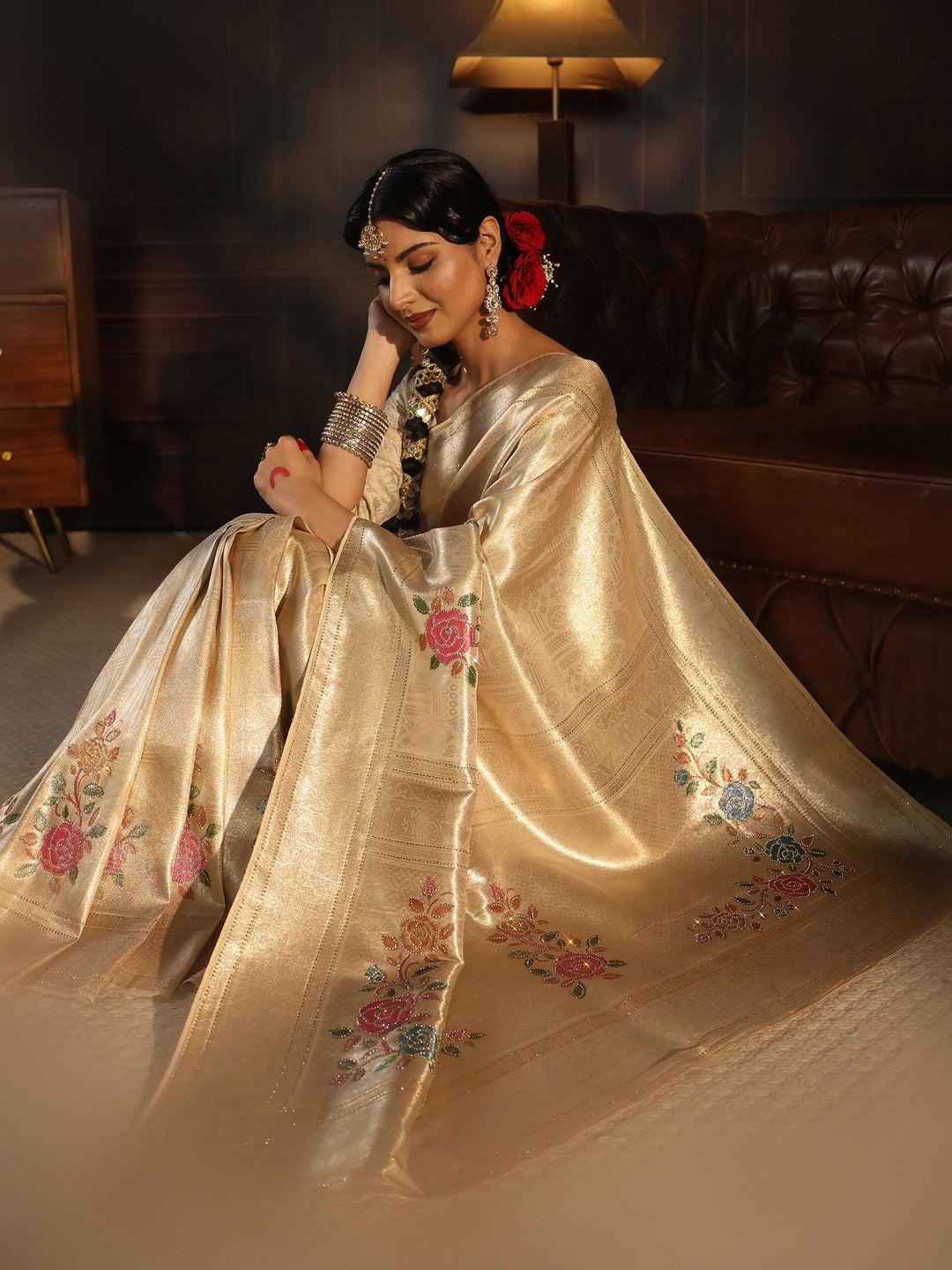 Libas Gold Banarasi Silk Saree with Floral Stone Work