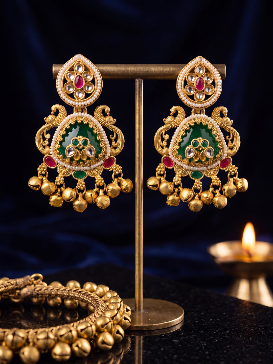  Libas Gold Tone Green Stone Ghungroo Drop Dangler Earrings 