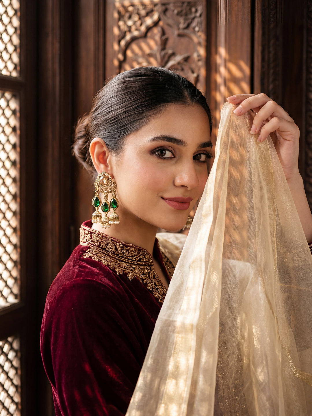  Libas Gold Tone Green Stone Jhumka Drop Chandelier Earrings 