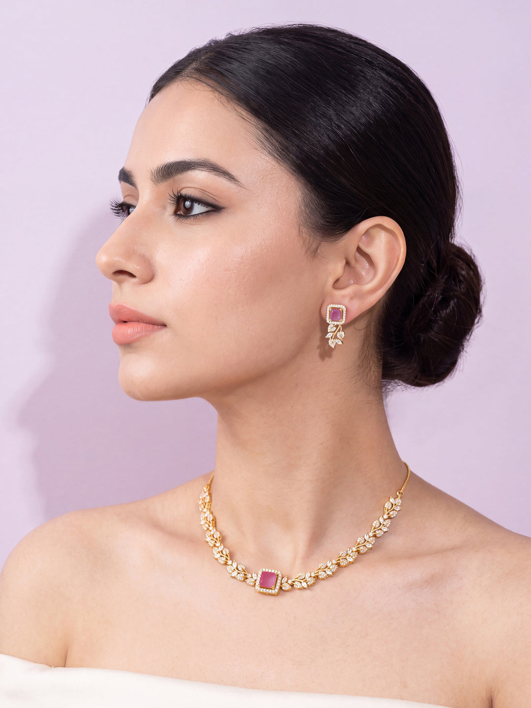  Libas Gold-Tone Leaf Pattern Zircon Necklace Set 