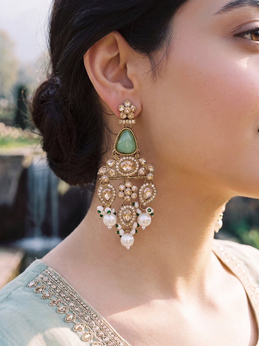  Libas Gold Tone Mint Green Stone Chandelier Earrings 
