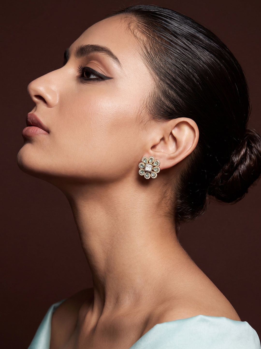  Libas Gold-Toned and Blue Stone Brass Floral Stud Earrings 