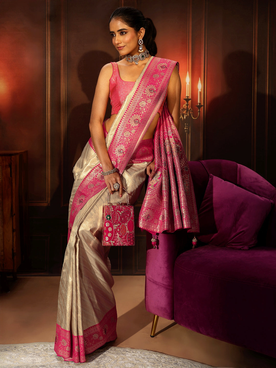  Libas Golden Banarasi Silk Blend Saree with Embellished Pallu 
