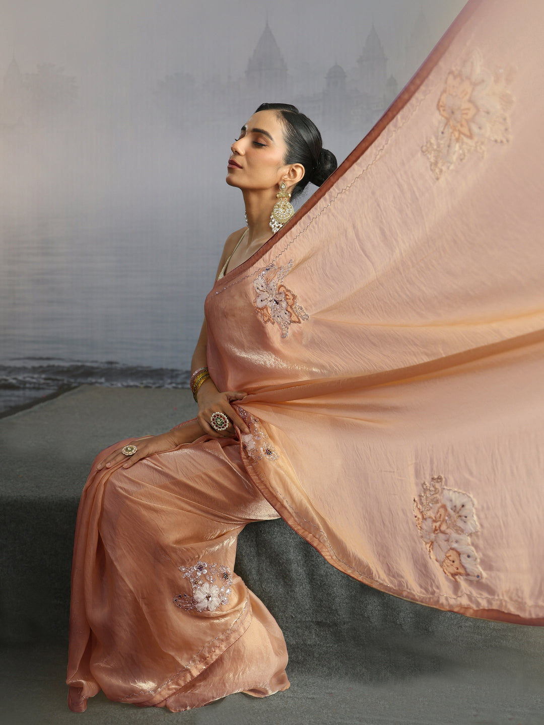  Libas Golden Embellished Tissue Saree with Applique Work 