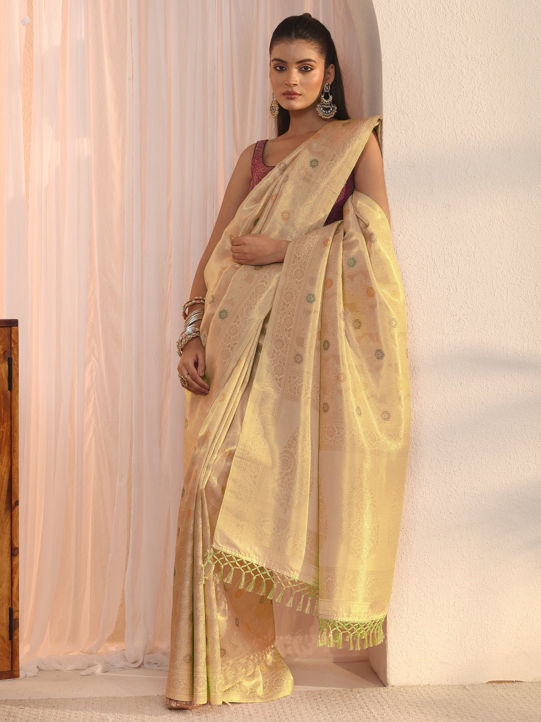  Libas Golden Floral Woven Design Silk Blend Saree 