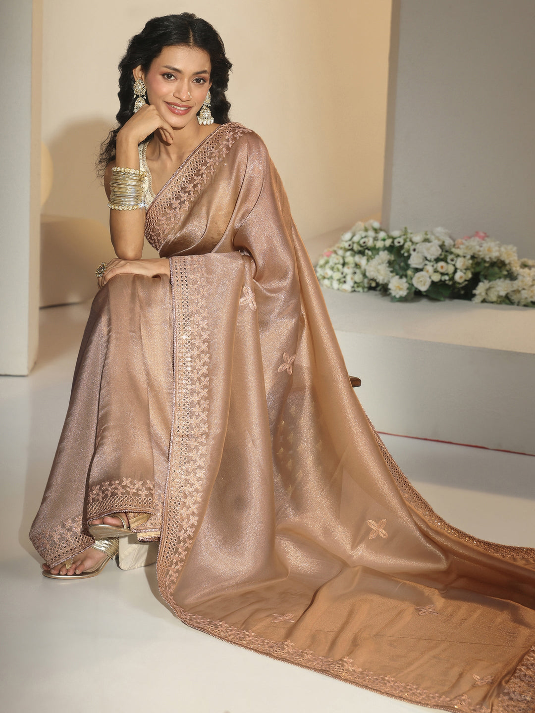  Libas Golden Mirror Work Embellished Tissue Saree 