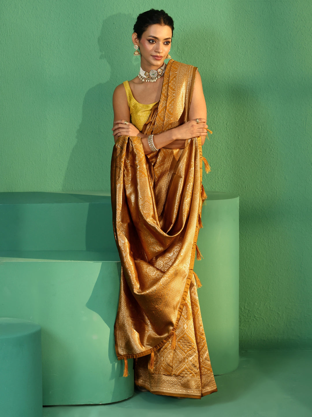  Libas Golden Mustard Brocade Saree 