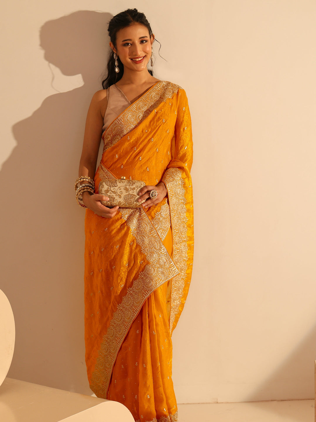  Libas Golden Mustard Embellished Tissue Saree 