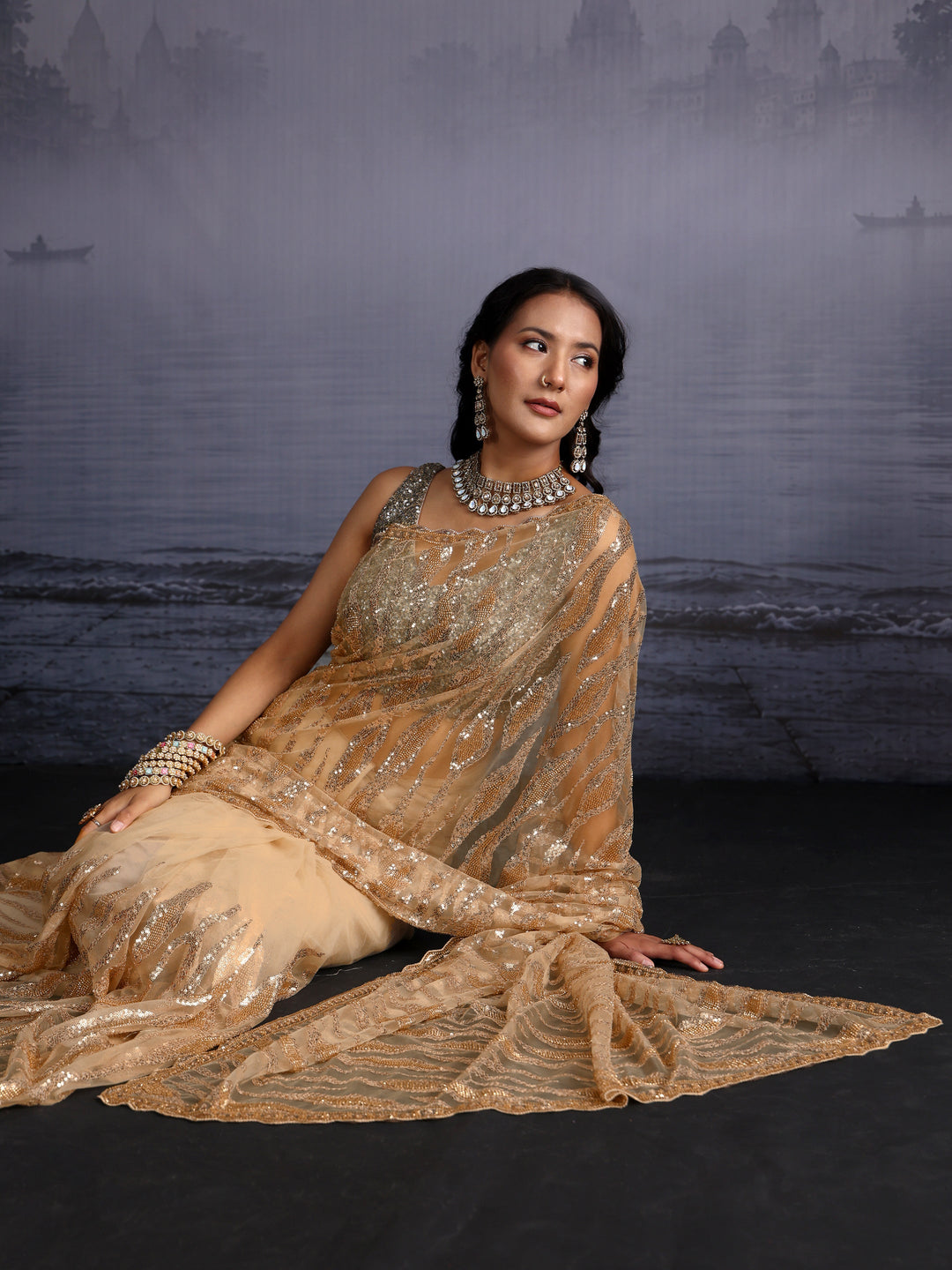 Libas Golden Sequin Embellished Net Saree with Scalloped Border 