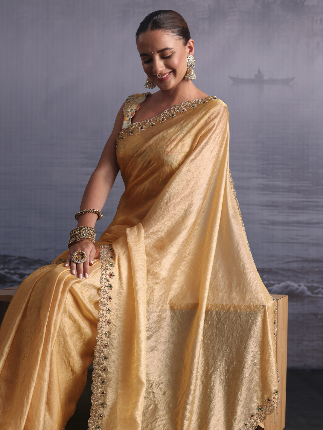  Libas Golden Tissue Saree with Embellished Scalloped Border 