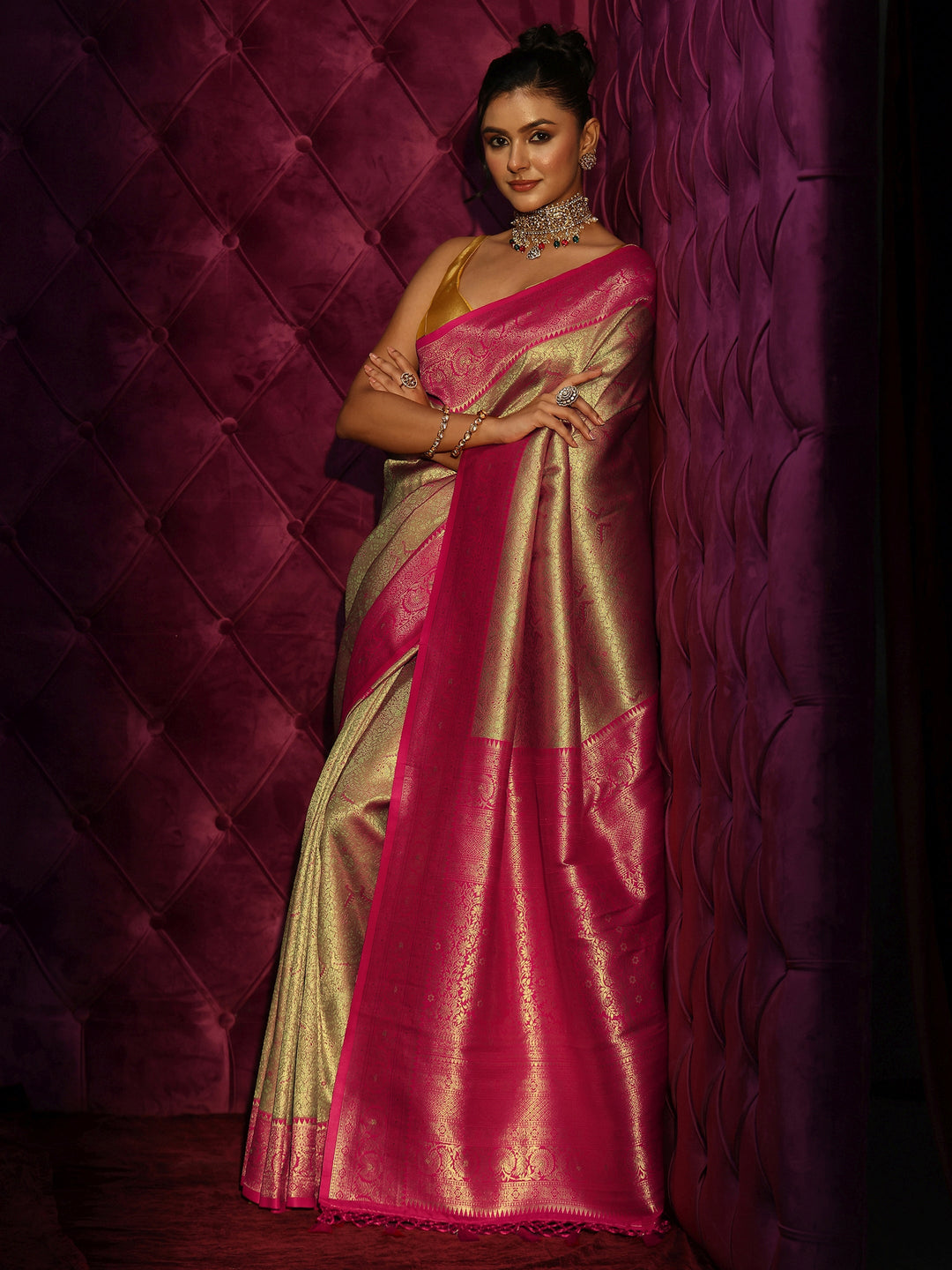 Libas Golden and Pink Banarasi Silk Blend Saree