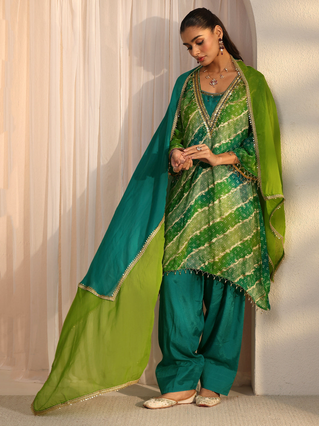  Libas Green Bandhani Printed Organza Farshi Salwar Suit 