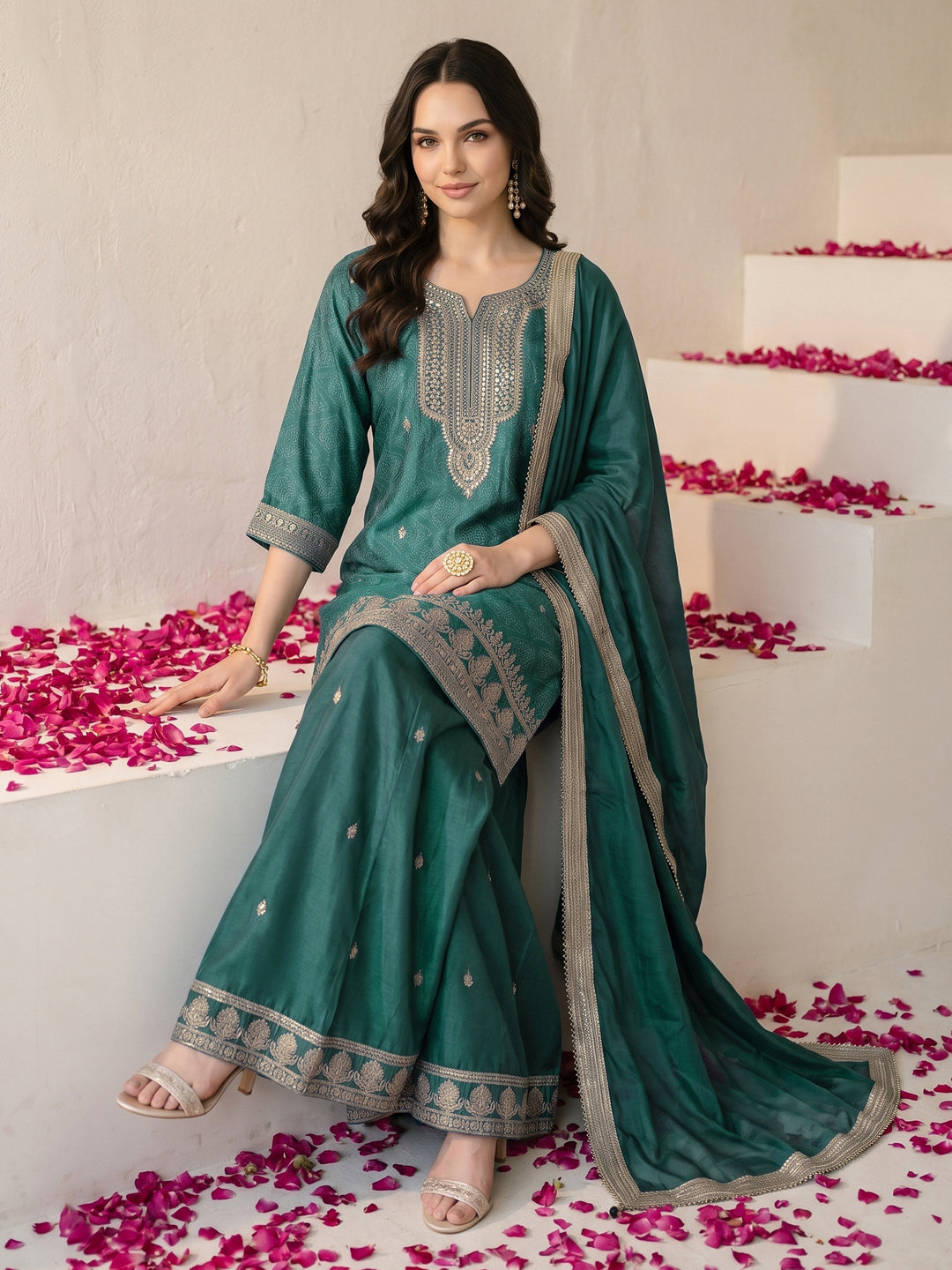  Libas Green Bandhani Printed Silk Blend Palazzo Suit Set 