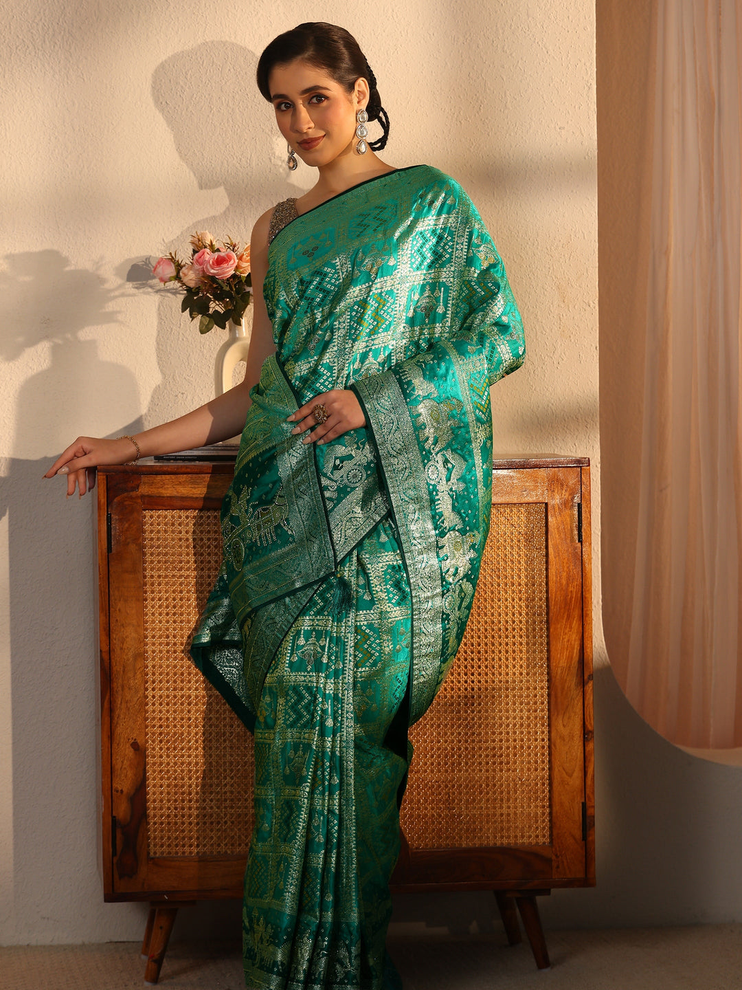  Libas Green Bandhani Woven Design Satin Saree with Stone Work 