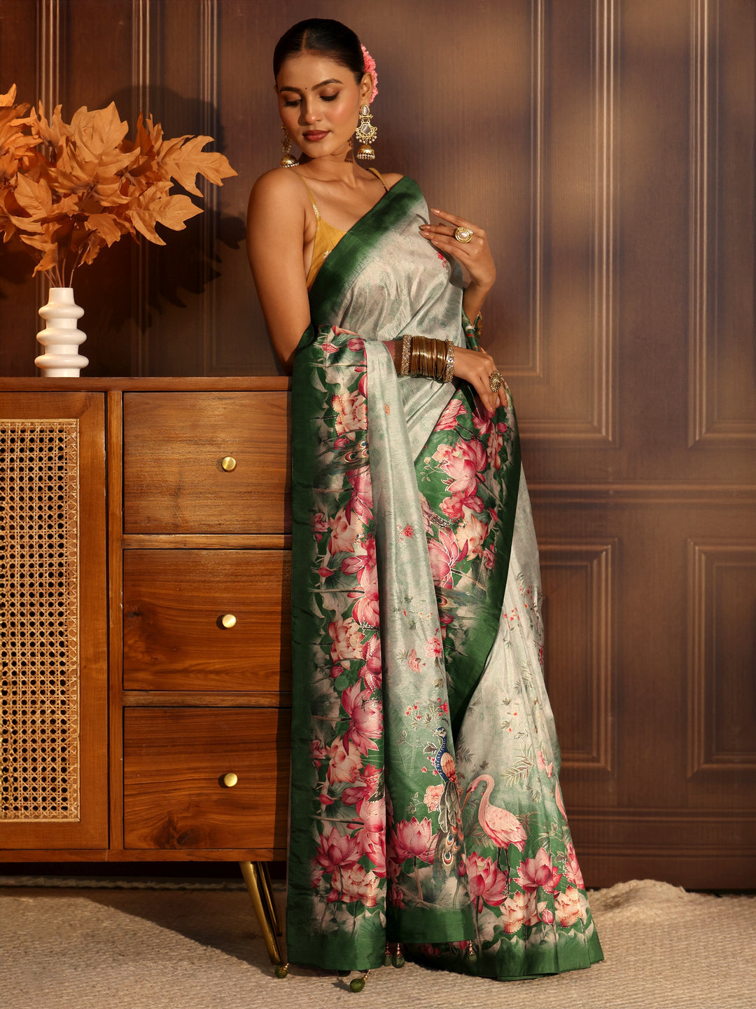 Libas Green Botanical Printed Silk Blend Saree