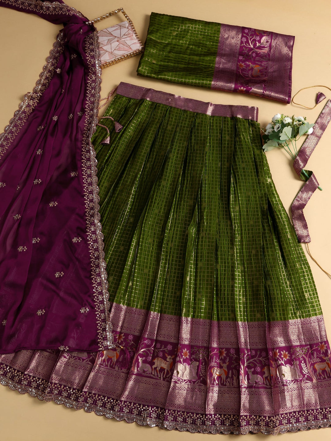 Libas Green Brocade Semi-Stitched Lehenga Choli