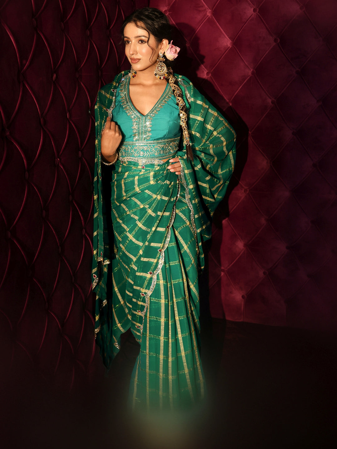 Libas Green Checkered Chiffon Saree with Embellished Scalloped Border