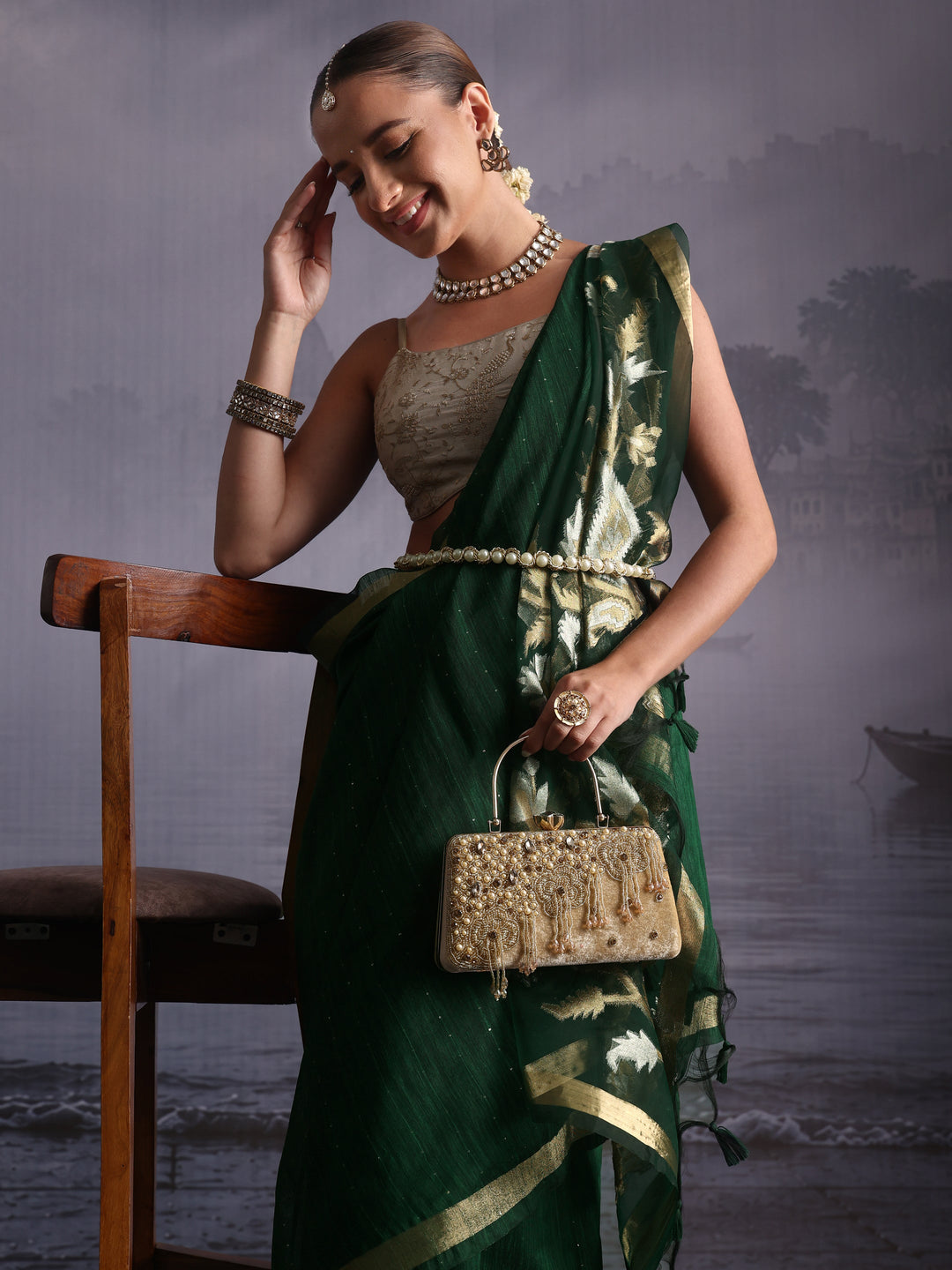 Libas Green Cotton Blend Saree with Golden Floral Woven Design Pallu