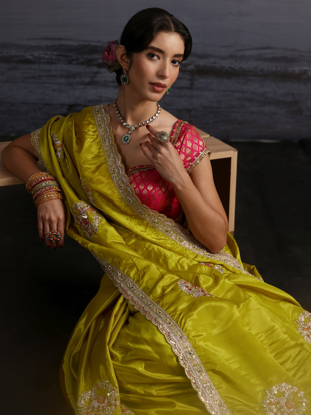  Libas Green Elephant Motif Embroidered Satin Saree 
