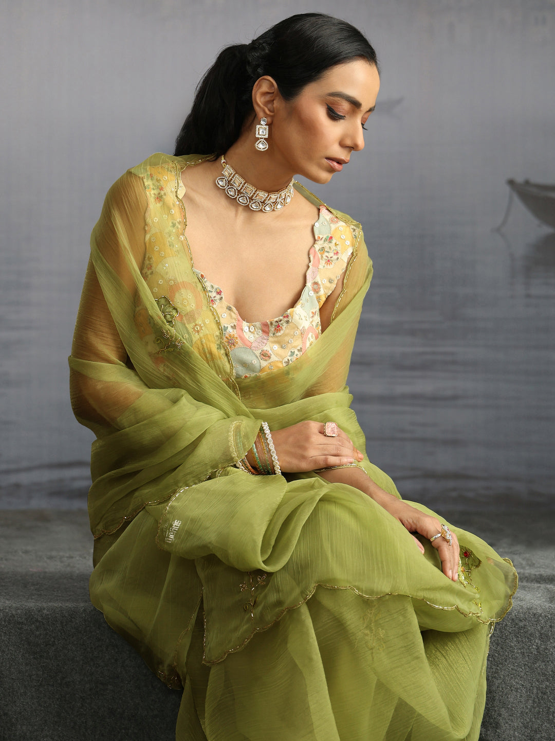  Libas Green Embellished Organza Saree with Applique Work 