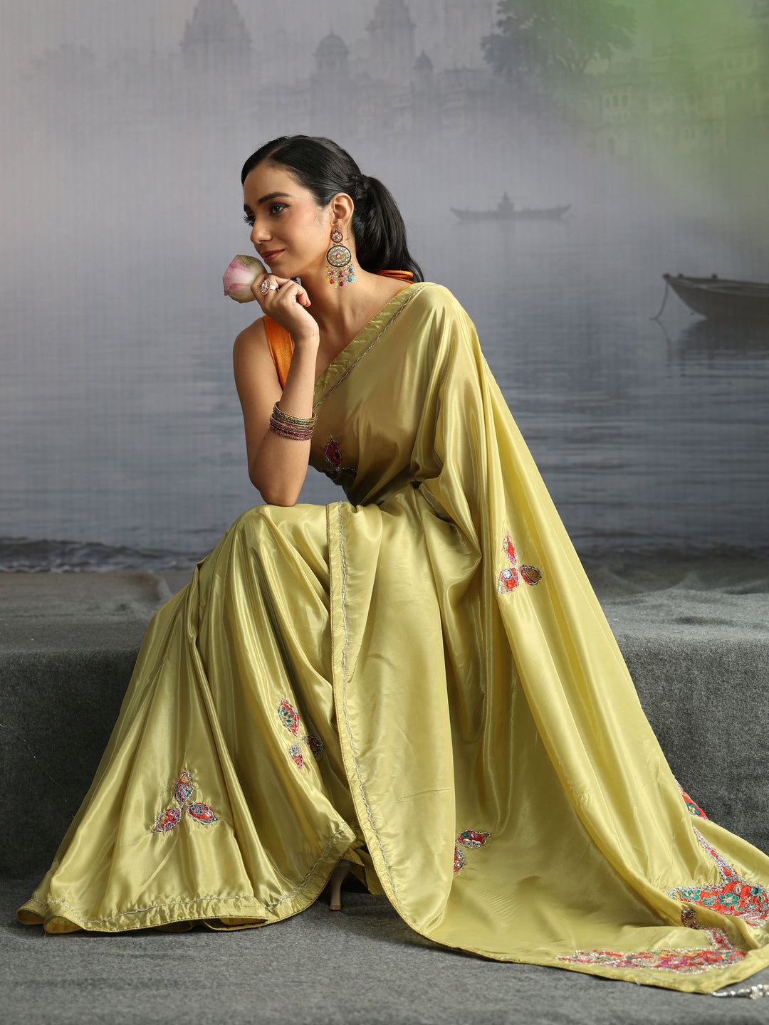 Libas Green Embellished Satin Saree with Applique Work