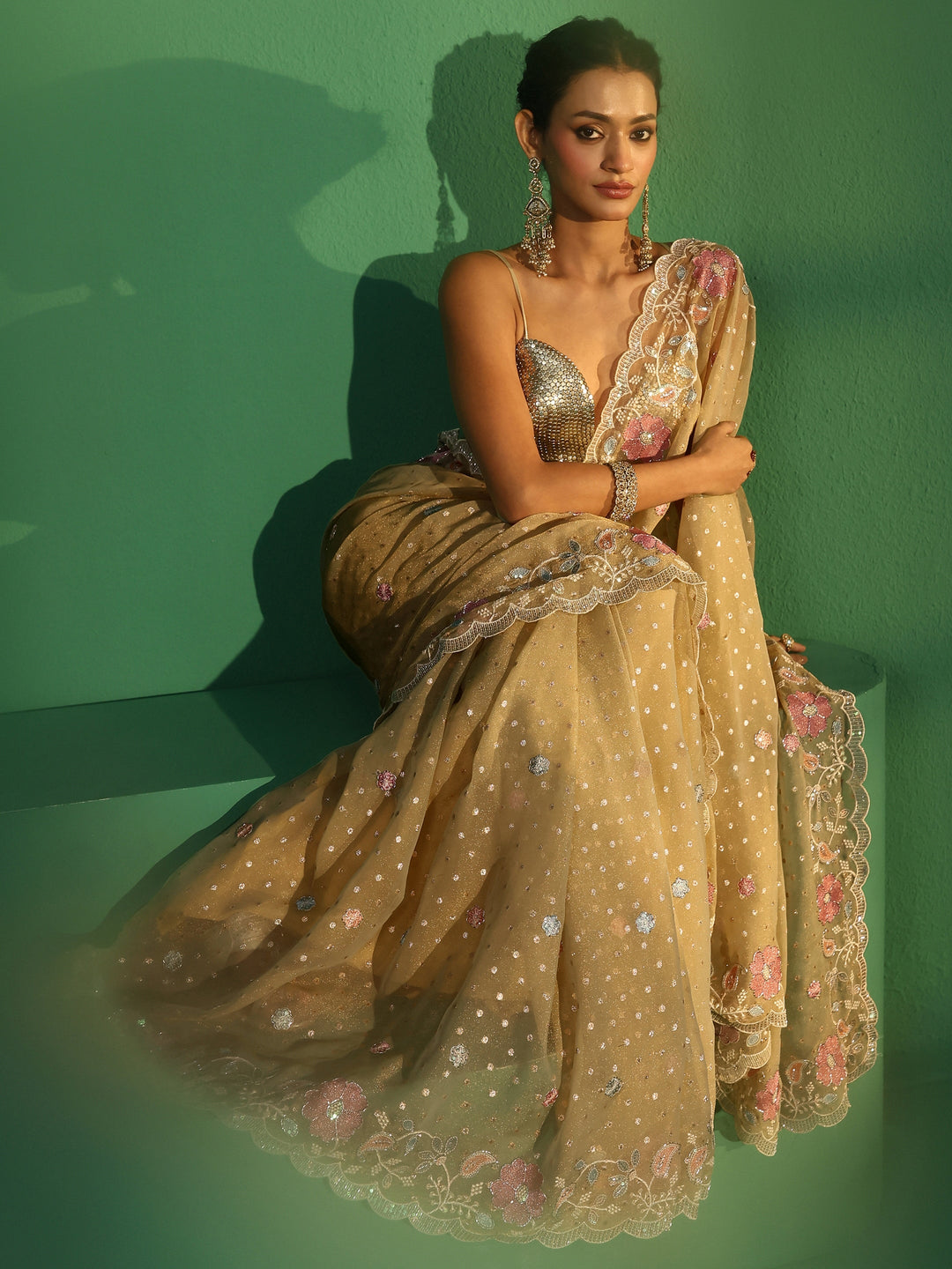  Libas Green Embellished Tissue Saree with Floral Embroidered Border 